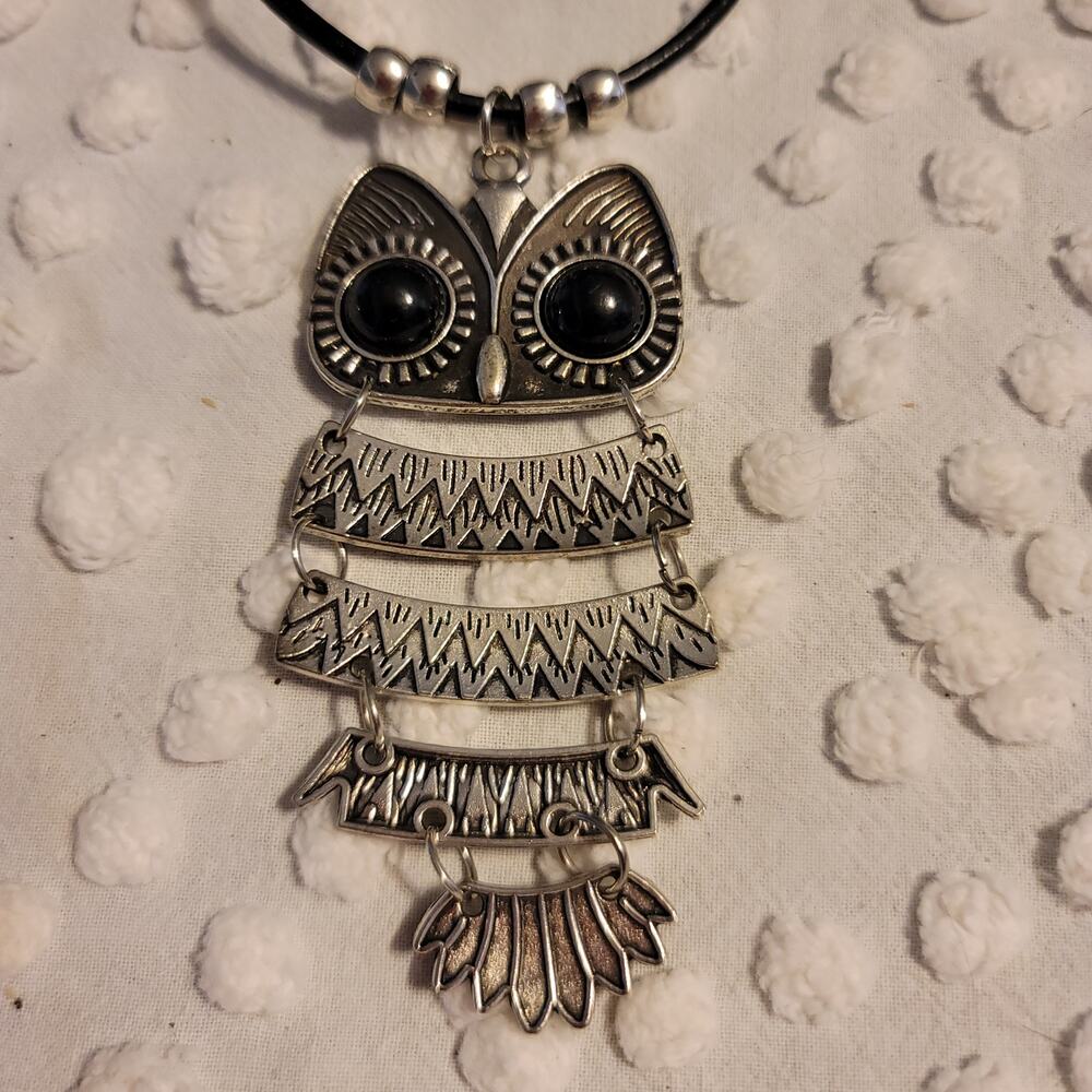 Handmade Owl reticulated on black necklace silvertone Madeira Portugal